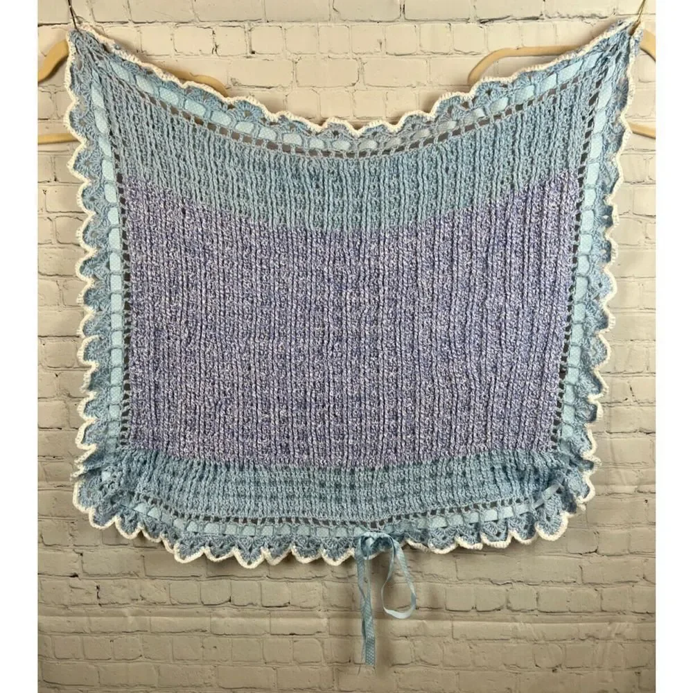Handmade Acrylic Crochet Knit Afghan Blanket Granny Blue Lilac Bow NWOT